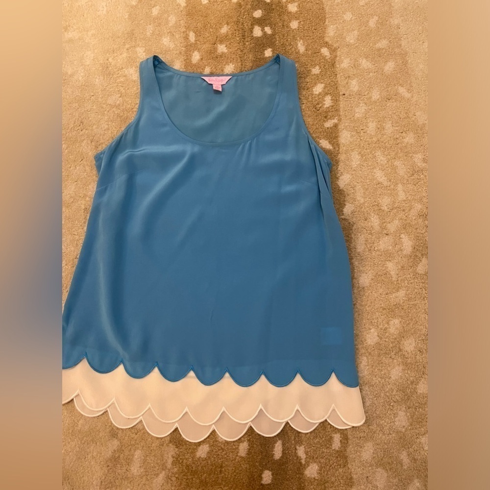 Lilly Pulitzer blue white scallop hem 100% silk tank top women’s size XS - Picture 3 of 7